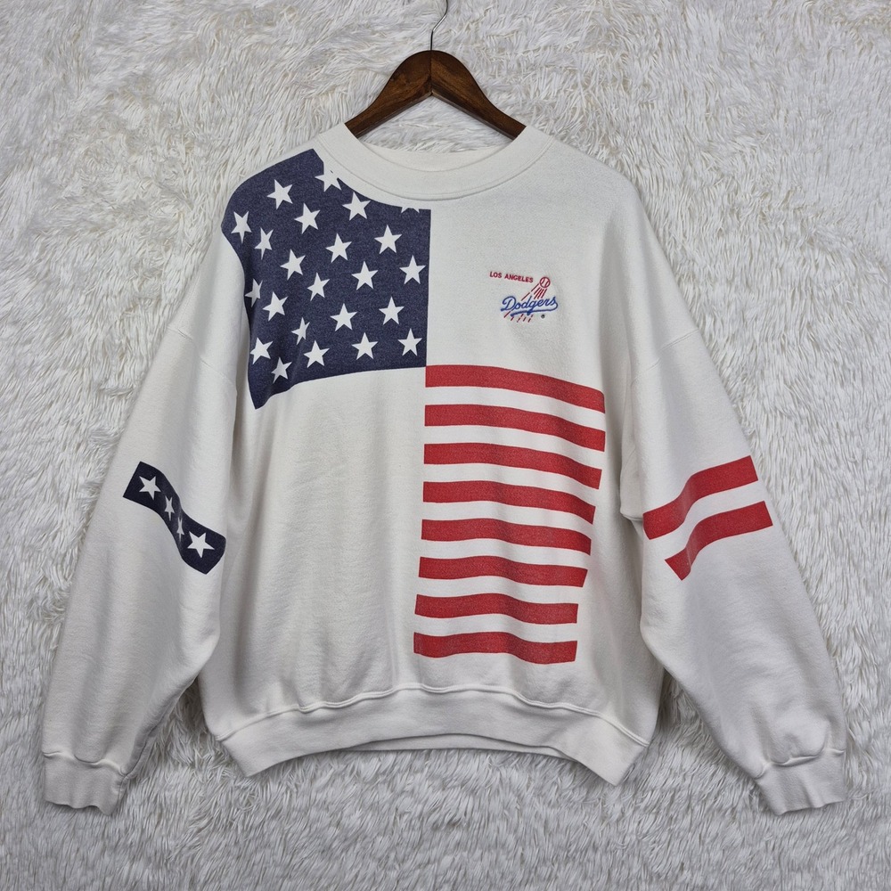 Vintage Antigua Sport LA Dodgers USA Flag Sweatshirt XL White Made in USA 90s